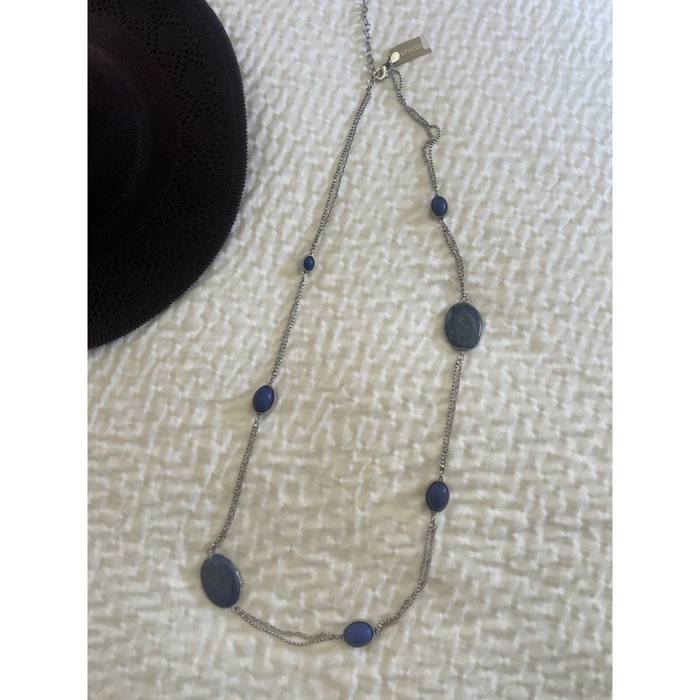 Chico's Blue Accent Long Single Strand Necklace Sodalite Stone Silvertone 38"